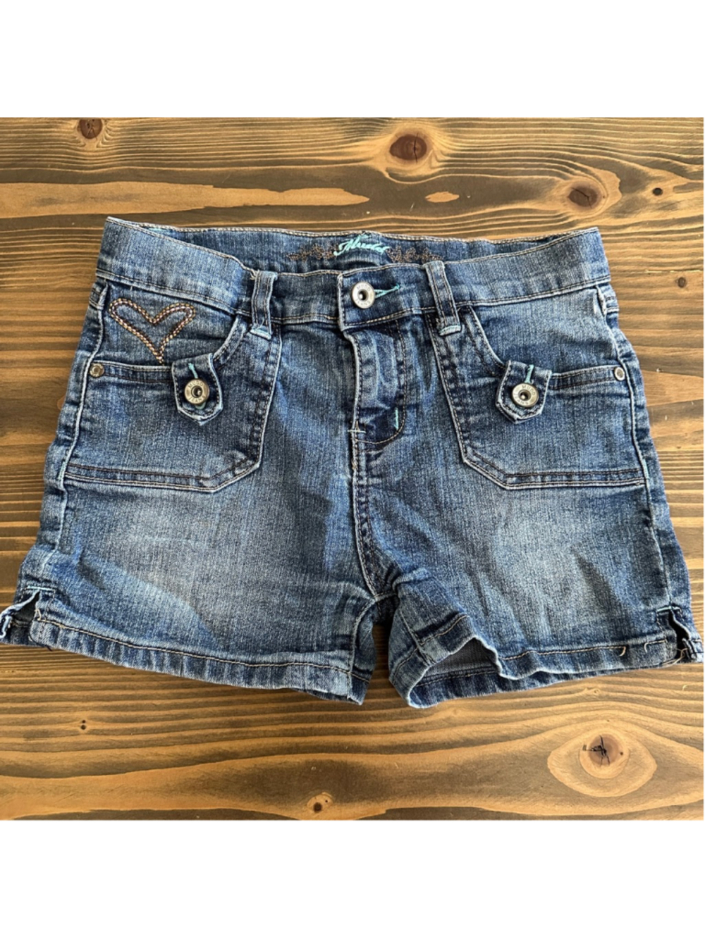 Girls Mudd Blue Jean Shorts Size 12 Turquoise Embroidered Hearts Y2K